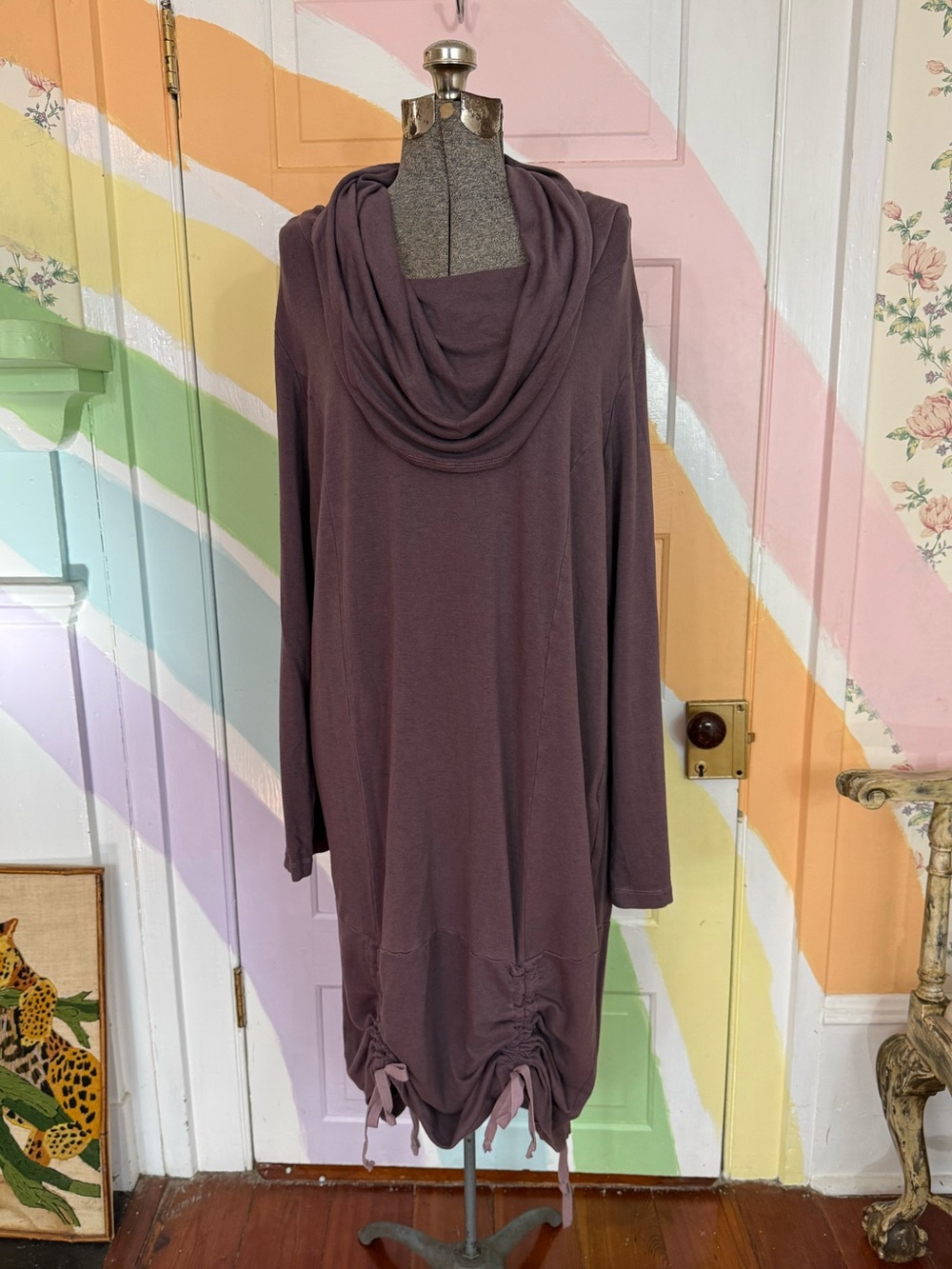 Bryn Walker Mauve Cowl Neck Ruched Hem Lagenlook Midi Dress Sz L 🧡🍄